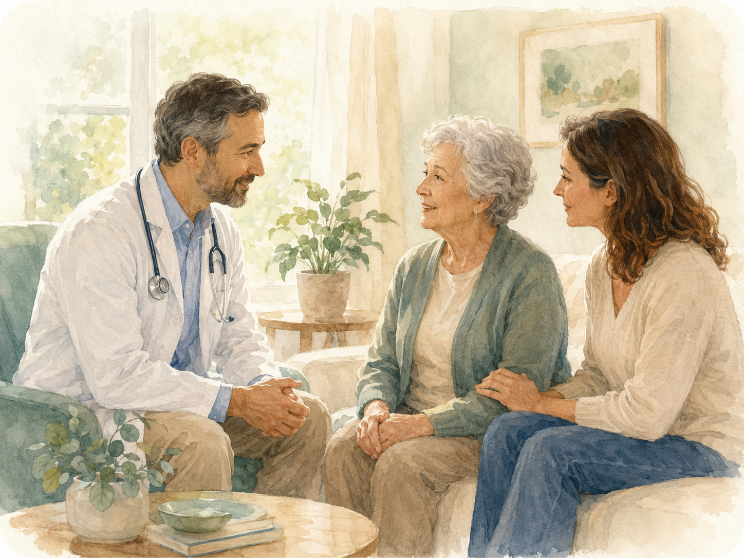 Ilustração de uma conversa acolhedora entre médico, paciente idosa e familiar
